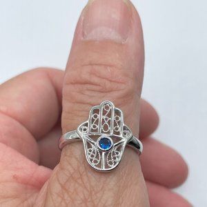 Sterling Silver Hamsa Hand with Blue Sapphire CZ - Hand of God Ring - Hamsa Ring